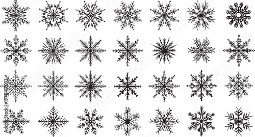 Collection of unique black snowflakes on white background