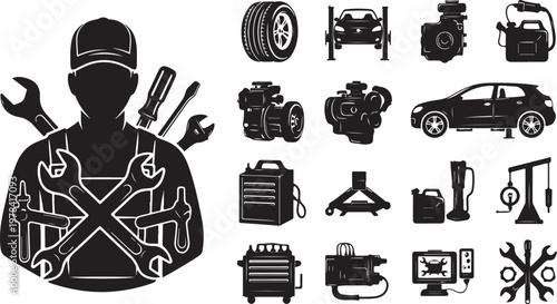 Mechanic and various car repair tools icons set