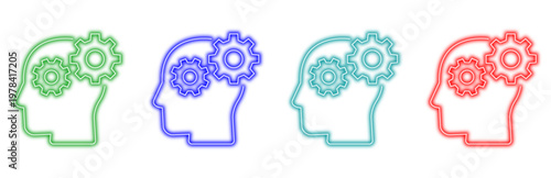 set of colorful neon icons representing gears inside a human head silhouette symbolizing thinking process, ideas, and mechanical intelligence