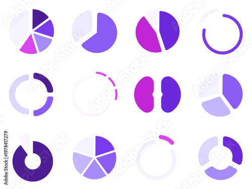 A high-impact collection of 12 exploded pie and donut charts in a vibrant Cyber-Tech palette. Designed specifically for artificial intelligence dashboards, cryptocurrency analytics