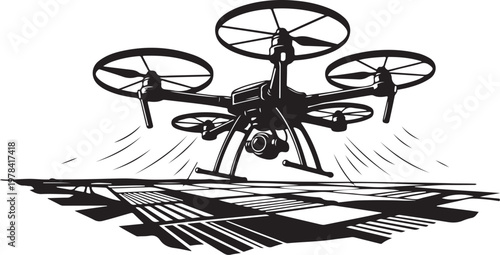 Drone flying over a checkered floor pattern