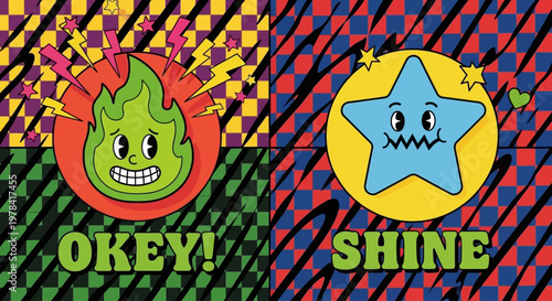 Smiling cartoon characters Okey and Shine with colorful patterns