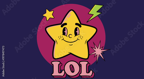 A smiling star with eyebrows and freckles surrounded by sparks and a lightning bolt shines brightly on a pink circle with LOL text.