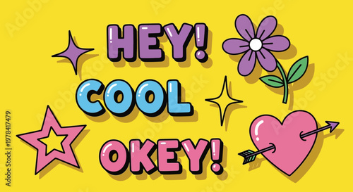 Colorful illustration of cute text words with decorative heart, star, and flower on yellow background