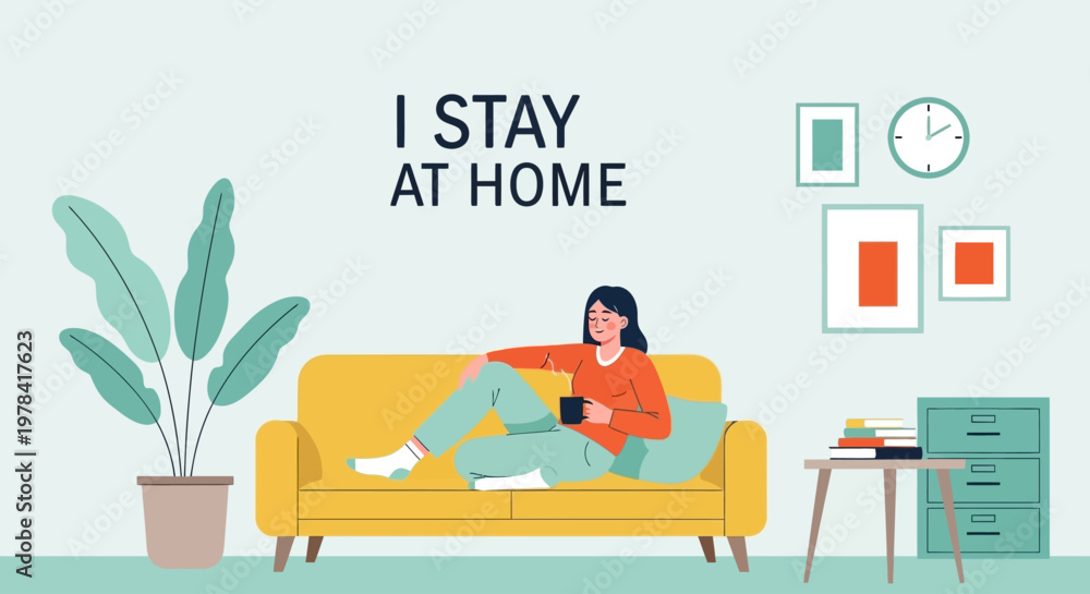 Fototapeta premium A woman relaxes on a yellow couch at home with a plant and table nearby.