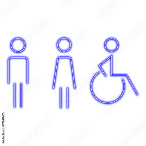 modern blue neon icons representing male female and disabled access for public restrooms or facilities on a clean white background symbolizing inclusivity and accessibility
