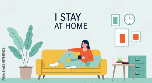 A woman relaxes on a yellow couch at home with a plant and table nearby.