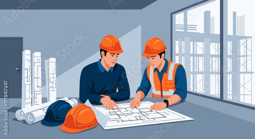 Two construction workers reviewing blueprints together indoors
