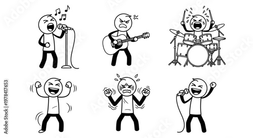 Cartoon characters enthusiastically playing music with various instruments in a lively performance setting