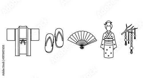 Traditional Japanese woman wearing kimono holds fan with accessories