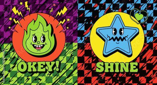 Vibrant cartoon characters shine brightly on colorful backgrounds with fun expressions and words.