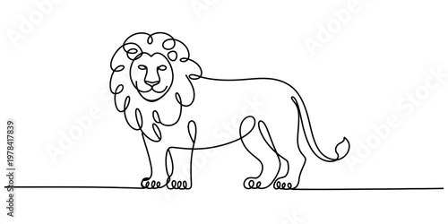 Minimalist continuous line drawing of a majestic lion standing tall on a simple horizontal base Vector, illustration