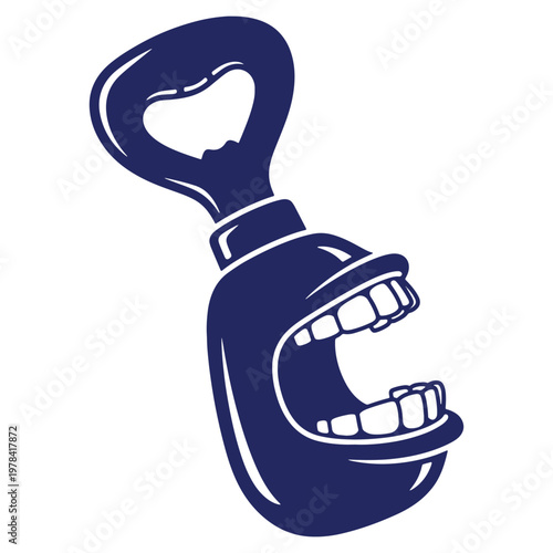 Bottle Opener with Mouth Open in Cartoon Style Vector Graphic Dark Blue on White Background