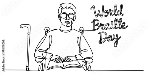 A continuous line drawing of a person reading braille to celebrate the annual world braille day. Vector, illustration