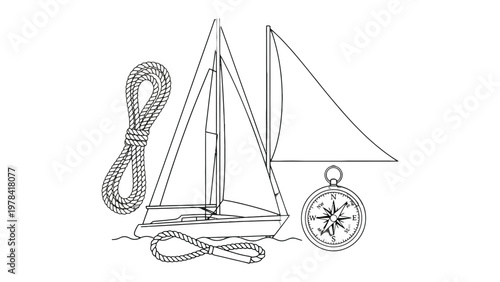 Sailing Essentials: A nautical illustration showcasing a sailboat, rope, and compass, symbols of exploration and maritime adventure.