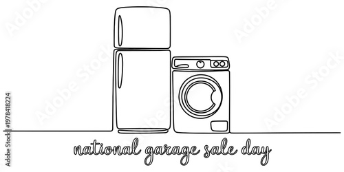 A single line drawing illustration of a refrigerator and a washing machine for a garage sale day. Vector, illustration