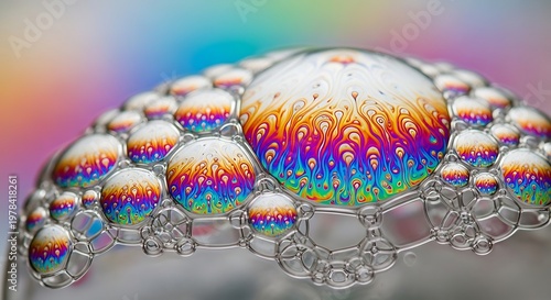 Vibrant rainbow colored soap bubbles floating on water with iridescent sheen and multicolored background