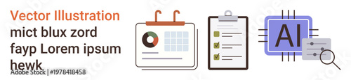 Data analysis, task management, artificial intelligence, productivity tools, teamwork, and digital processes. Set of icons including a calendar, checklist and AI chip. Data analysis and task