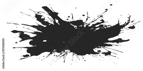A black ink splat and blot background featuring a grunge paint splatter texture with spray brush drips and artistic graffiti stains for a dirty vector design illustration element