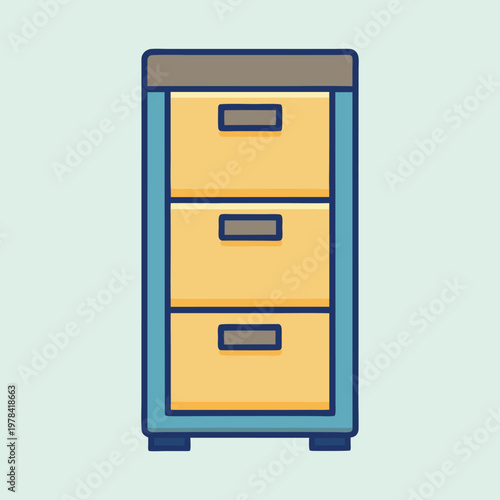 Illustration of a charming three drawer filing cabinet with light blue accents