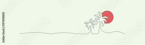 Two palm trees with a red sun behind them