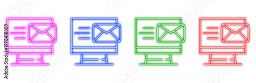colorful neon set of email icons on computers displaying messages and envelopes, digital communication concept, modern flat icon design