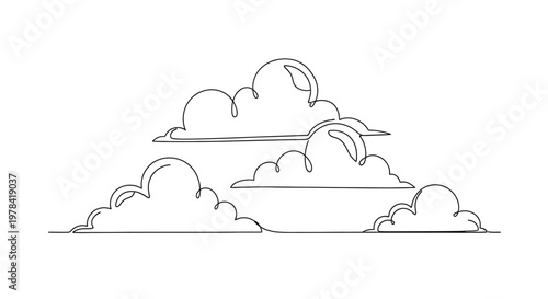 Minimalist Single Line Drawing of Fluffy Cumulus Clouds on White Background