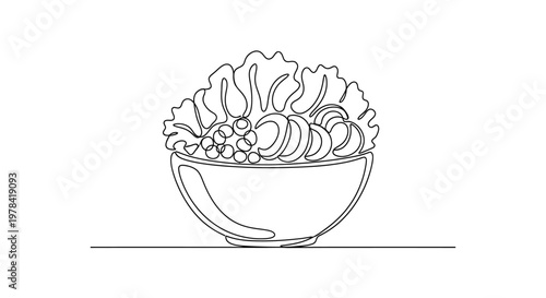 Continuous Line Drawing of Fresh Salad in a Bowl, Healthy Food Concept