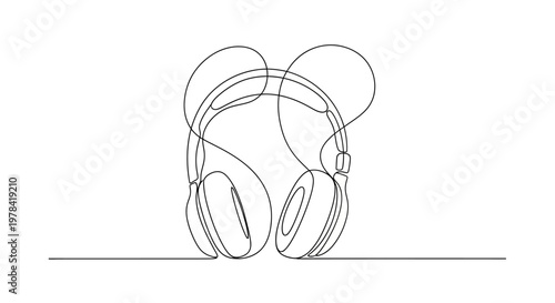Minimalist single line drawing of headphones, music concept, clean design