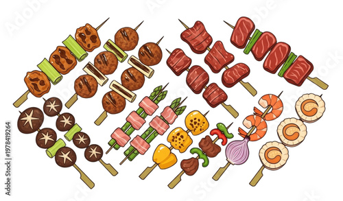 Japanese yakitori skewers street food vector set in flat cartoon style