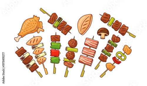 Japanese street food yakitori vector illustration of assorted grilled skewers