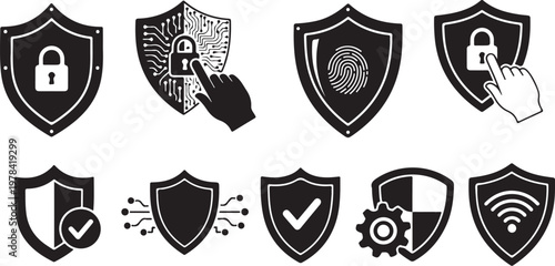 Security icons set with shields and padlocks on white