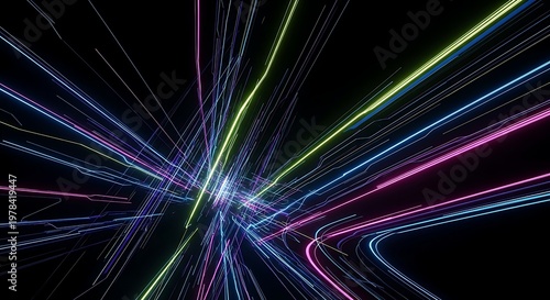 Abstract neon light trails creating a high speed warp tunnel effect with glowing blue pink and yellow streaks on a dark background for futuristic technology designs