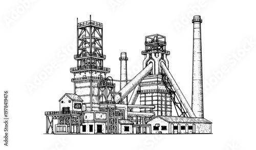 Historic Pennsylvania iron furnace engraving style vector illustration isolated on white