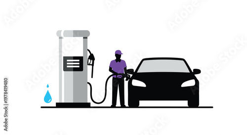 A minimalist illustration depicts a person fueling a dark car at a gas station pump