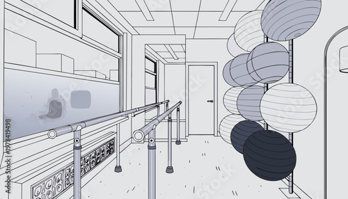 A minimalist vector illustration of a modern interior hallway with a railing and decorative lanterns