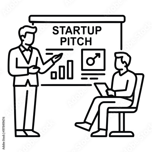 Startup pitch presentation concept with team showing business idea to investors using charts and board in clean outline eps vector illustration