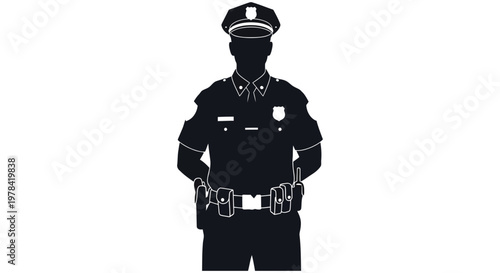 A uniformed police officer stands at attention a striking black silhouette