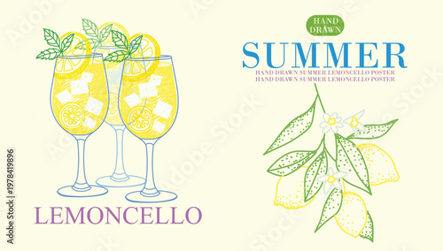 Hand drawn summer limoncello poster vector. Elegant sketch of wine glasses with lemon slices, mint, ice and botanical lemon branch, perfect for bar, menu and Italian designs.