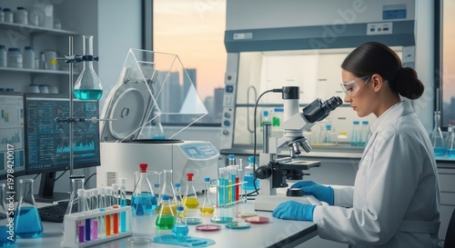 A female scientist wearing a white lab coat and glasses, using a microscope in a laboratory with various equipment and samples.
