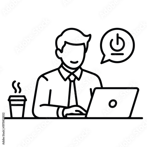 Remote work and productivity concept with person using laptop and coffee showing focus and digital workspace in simple outline eps vector illustration