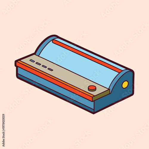 Isometric view of a retro styled light blue control panel with orange
