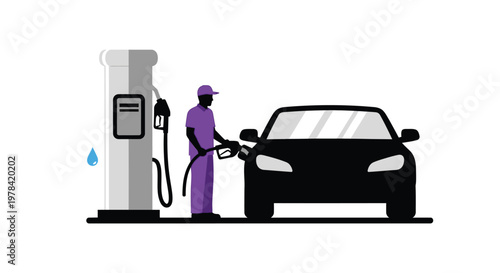 A minimalist illustration depicts a person fueling a car at a gas station with purple coloring
