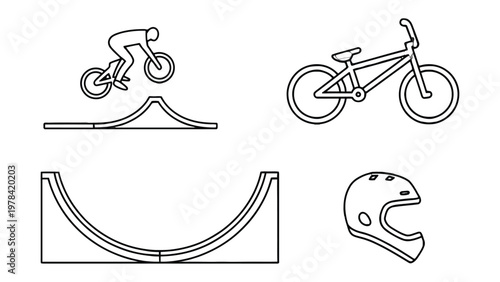 BMX Bike Sport Equipment: A detailed illustration of a BMX bike, showcasing its design and essential equipment. Emphasizing the style and safety in this action sport