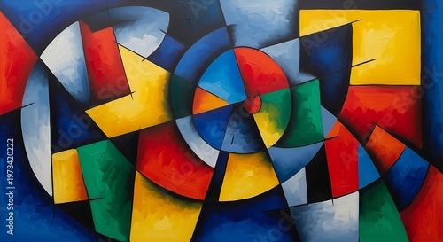 Vibrant abstract geometric oil painting featuring bold primary colors and dynamic circular compositions for contemporary artistic interior design wall art decor