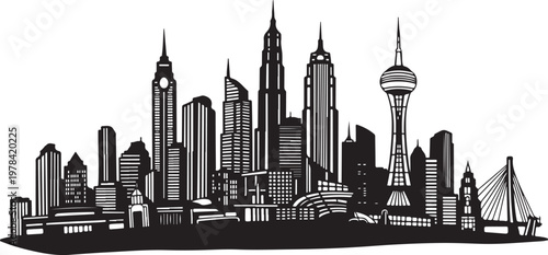 Black and white city skyline with tall buildings illustration