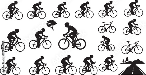 Cycling Silhouettes on a White Background with Various Poses