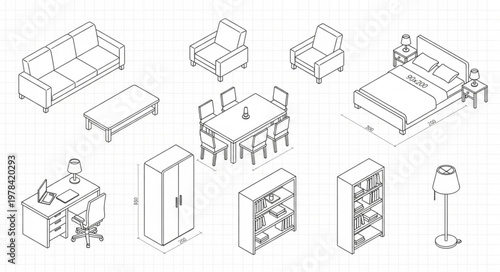 Collection of isometric furniture line drawings for interior design.