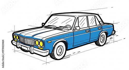 Classic Blue Sedan Car Blueprint Illustration.
