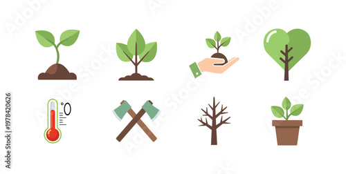 Minimal Ecology Icon Set with Tree Planting, Growth, Hand Holding Sprout, Thermometer and Forest Conservation Symbols